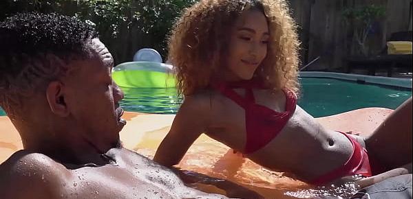  Black teen sucking her stepdad in the pool